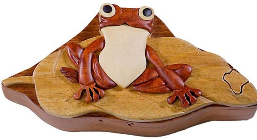 Puzzle Boxes The-Handcrafted | Frog On Lily Pad - Secret Wooden Puzzle Box-Sb1149