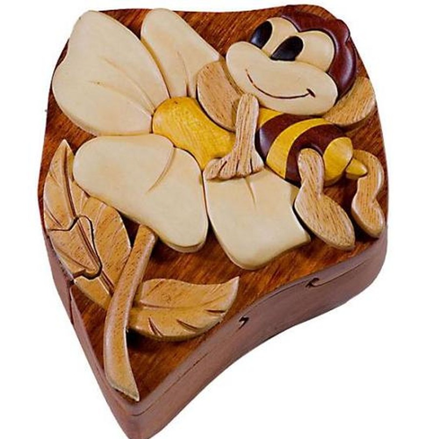 Puzzle Boxes The-Handcrafted | Bee On Flower - Secret Wooden Puzzle Box-Sb1157